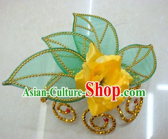 Top Grade Handmade Chinese Folk Dance Hair Accessories, China Yangge Fan Dance Yellow Flower Headwear for Women