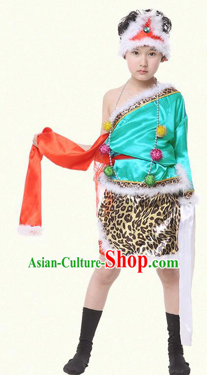 Traditional Chinese Zang Nationality Dance Costume, Children Tibetan Folk Dance Embroidery Green Clothing for Boys