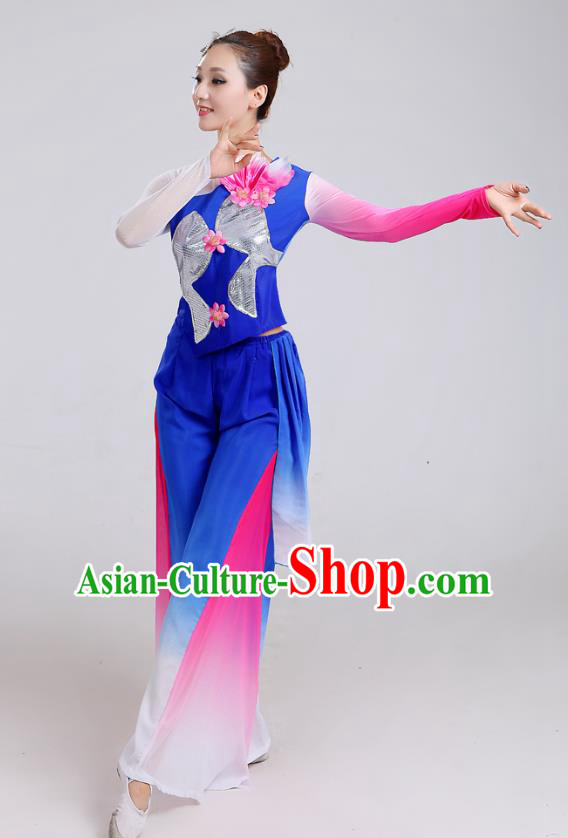 Traditional Chinese Yangge Dance Embroidered Deep Blue Costume, Folk Fan Dance Uniform Classical Umbrella Dance Clothing for Women