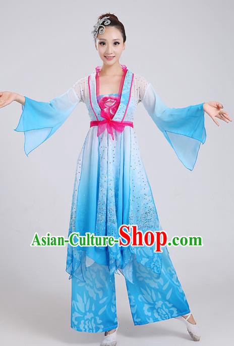 Traditional Chinese Yangge Dance Embroidered Blue Mandarin Sleeve Costume, Folk Fan Dance Uniform Classical Umbrella Dance Clothing for Women