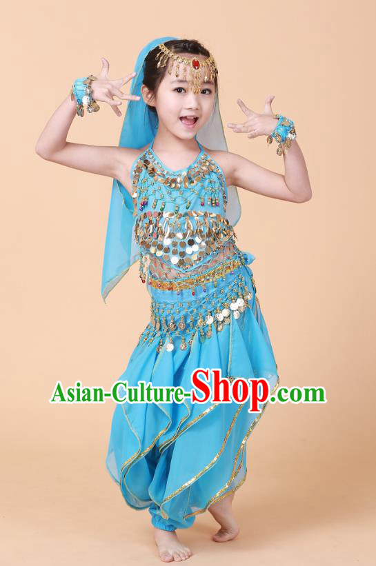 Traditional Chinese Uyghur Nationality Indian Dance Costume, China Uigurian Minority Embroidery Blue Clothing for Kids