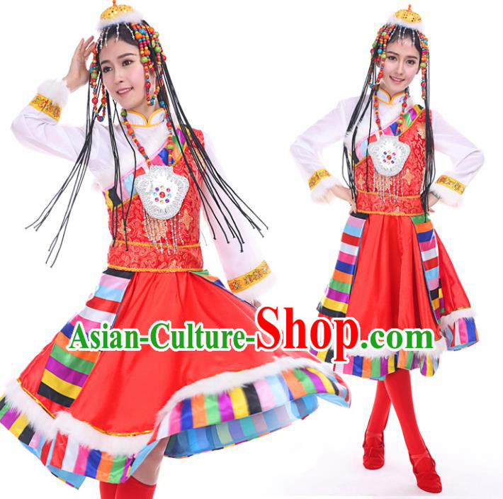 Traditional Chinese Mongol Nationality Dance Costume, Mongols Dance Ethnic Pleated Skirt Mongolian Minority Embroidery Clothing for Women