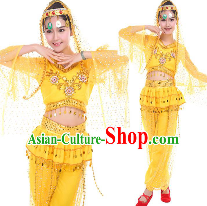 Traditional Chinese Uyghur Nationality Dance Costume, Chinese Minority Nationality Uigurian Dance Yellow Clothing for Women