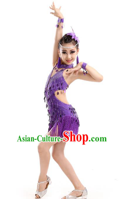 Top Grade Modern Dance Professional Latin Dance Competition Costume, Opening Dance Purple Tassel Dress for Kids