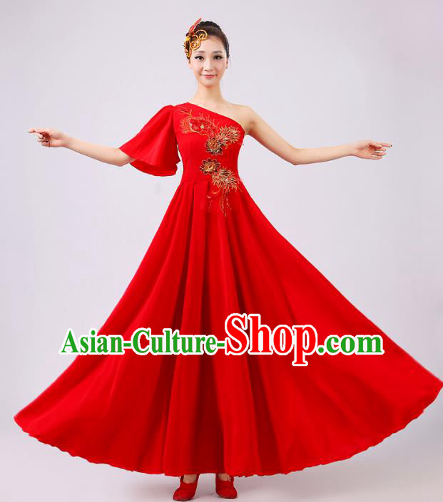 Top Grade Modern Dance Professional Competition Costume, Opening Dance Red Big Swing Chorus Dress for Women