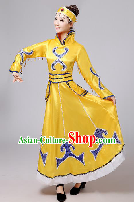 Traditional Chinese Mongol Nationality Dance Costume, China Mongolian Minority Embroidery Yellow Dress Clothing for Women