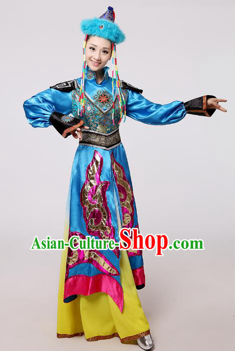 Traditional Chinese Mongol Nationality Dance Blue Costume, China Mongolian Minority Embroidery Long Dress Clothing for Women