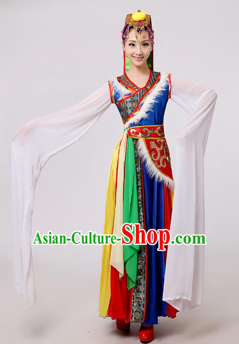 Traditional Chinese Zang Nationality Dance Costume, China Tibetan Minority Embroidery Water Sleeve Dress Clothing for Women