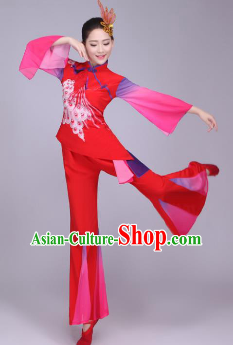 Traditional Chinese Yangge Dance Embroidered Costume, Folk Fan Dance Red Mandarin Sleeve Uniform Classical Dance Clothing for Women