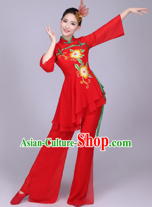 Traditional Chinese Yangge Dance Embroidered Peony Costume, Folk Fan Dance Red Uniform Classical Dance Clothing for Women