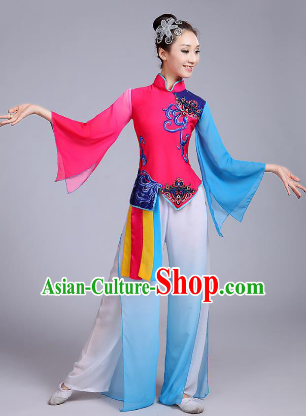 Traditional Chinese Classical Yanko Dance Embroidered Rosy Costume, Folk Yangge Dance Uniform Drum Dance Clothing for Women