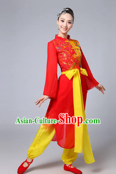 Traditional Chinese Classical Yanko Dance Red Costume, Folk Yangge Fan Dance Uniform Lotus Dance Clothing for Women