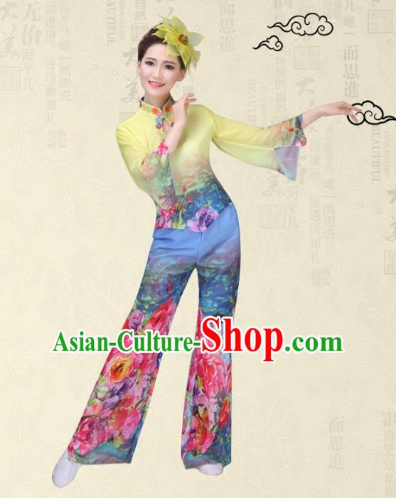 Traditional Chinese Classical Yanko Dance Printing Flowers Costume, Folk Yangge Fan Dance Uniform Waist Drum Dance Yellow Clothing for Women