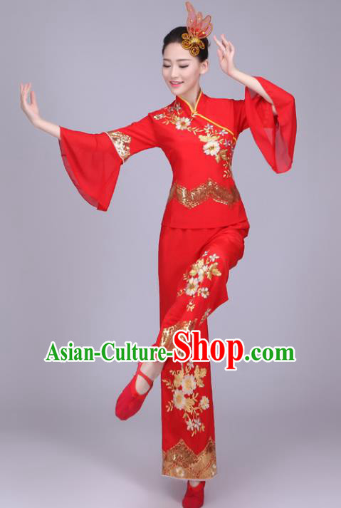 Traditional Chinese Yangge Dance Embroidered Red Costume, Folk Fan Dance Uniform Classical Drum Dance Clothing for Women