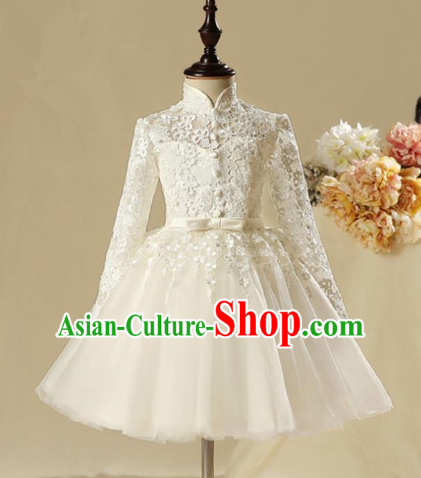 Children Modern Dance Costume Embroidery White Lace Bubble Dress, Ceremonial Occasions Performance Princess Veil Full Dress for Girls