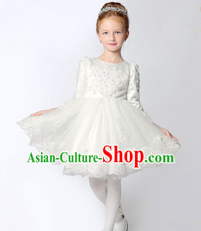 Children Modern Dance Costume Embroidery White Short Bubble Dress, Ceremonial Occasions Performance Princess Veil Full Dress for Girls