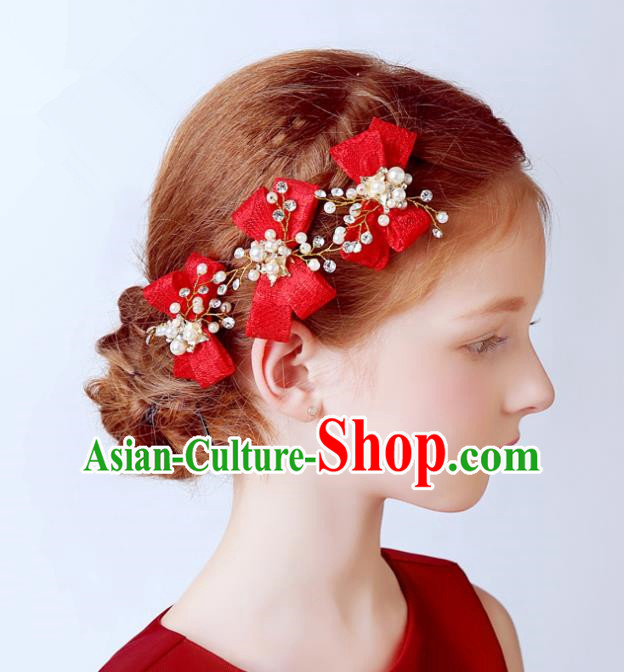 Handmade Children Hair Accessories Red Bowknot Hair Stick, Princess Halloween Model Show Headwear Hair Clasp for Kids