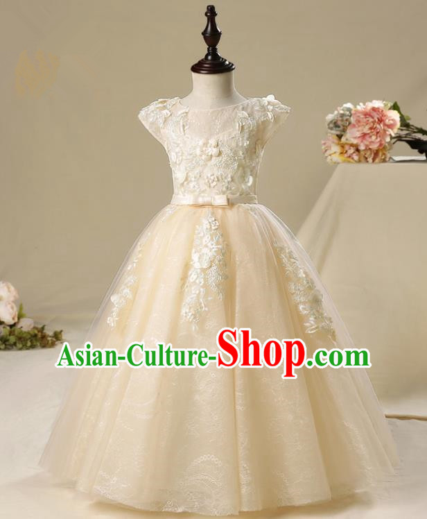 Children Modern Dance Costume Embroidery Christmas Wedding Dress, Ceremonial Occasions Performance Princess Veil Full Dress for Girls