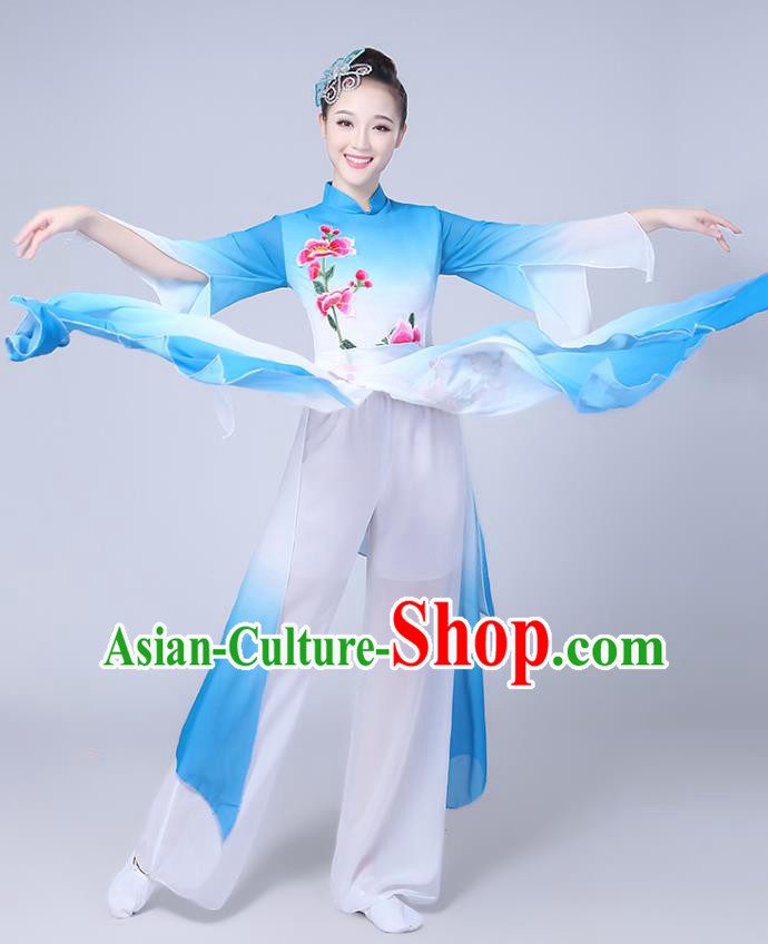 Traditional Chinese Classical Yanko Dance Embroidered Costume, Folk Fan Dance Blue Uniform Umbrella Dance Clothing for Women