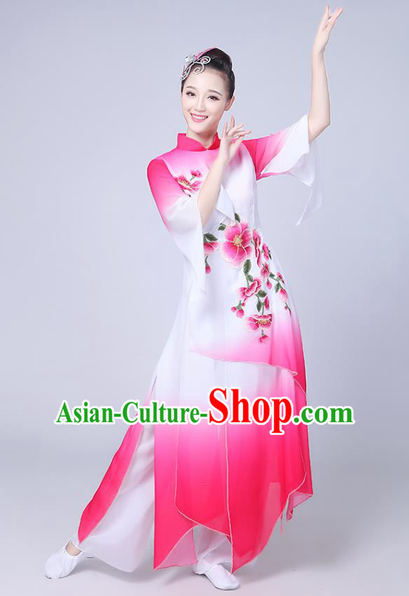 Traditional Chinese Classical Yanko Dance Embroidered Costume, Folk Fan Dance Pink Uniform Umbrella Dance Dress for Women