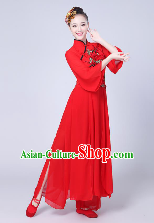 Traditional Chinese Classical Yanko Dance Embroidered Costume, Folk Fan Dance Red Uniform Umbrella Dance Dress for Women