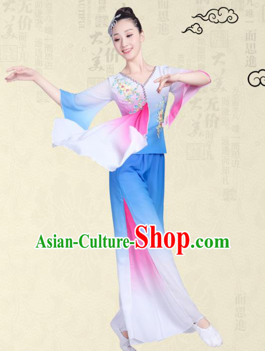 Traditional Chinese Classical Yanko Dance Embroidered Costume, Folk Fan Dance Blue Uniform Umbrella Dance Dress for Women
