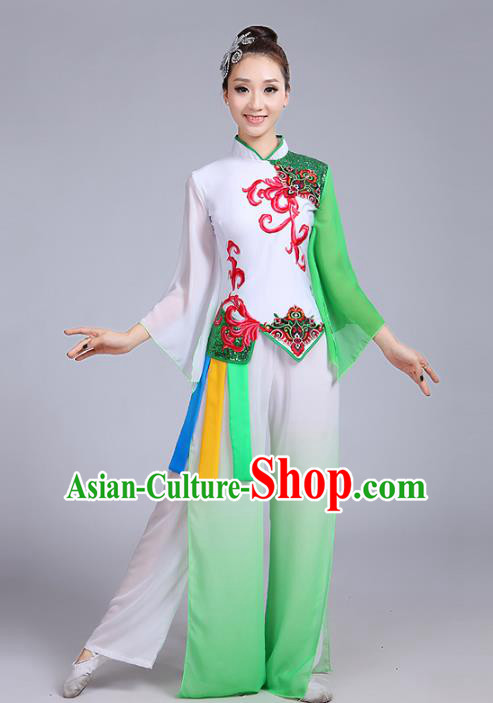 Traditional Chinese Classical Yanko Dance Embroidered Green Costume, Folk Yangge Dance Uniform Drum Dance Clothing for Women