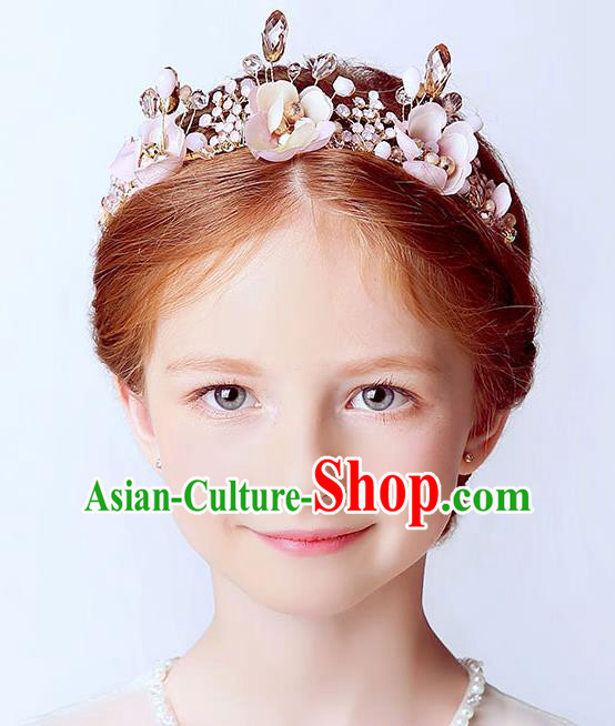 Handmade Children Hair Accessories Royal Crown, Princess Headwear Model Show Pink Flowers Hair Clasp for Kids