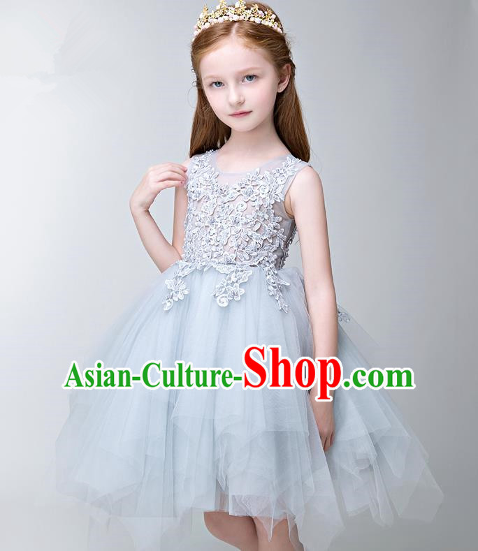 Children Modern Dance Flower Fairy Costume Blue Bubble Dress, Performance Model Show Clothing Princess Veil Dress for Girls