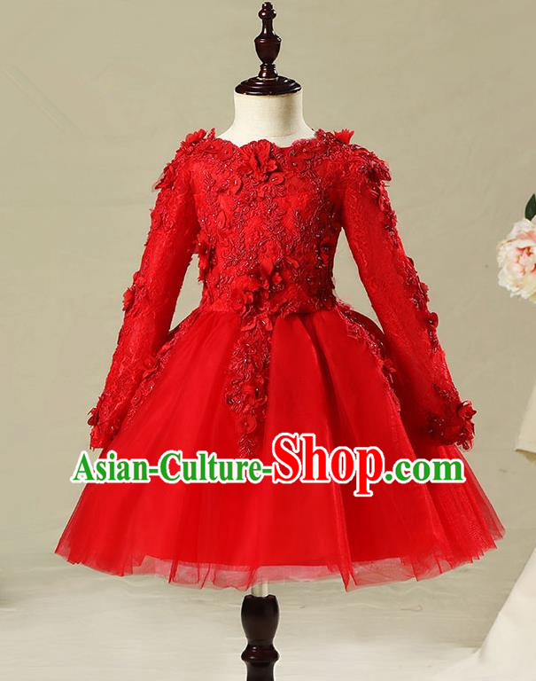 Children Modern Dance Flower Fairy Costume Red Bubble Dress, Performance Model Show Clothing Princess Veil Short Full Dress for Girls