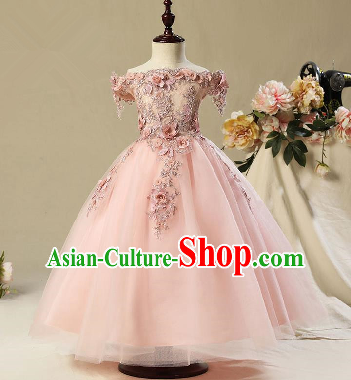 Children Modern Dance Flower Fairy Costume, Classic Chorus Group Clothing Princess Pink Bubble Veil Dress for Girls