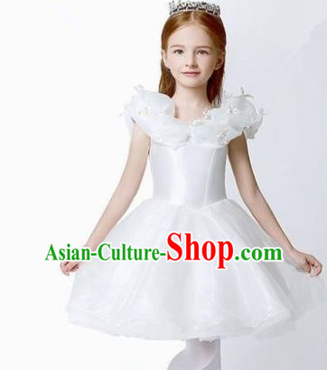 Children Modern Dance Flower Fairy Costume White Short Bubble Dress, Performance Model Show Clothing Princess Veil Full Dress for Girls