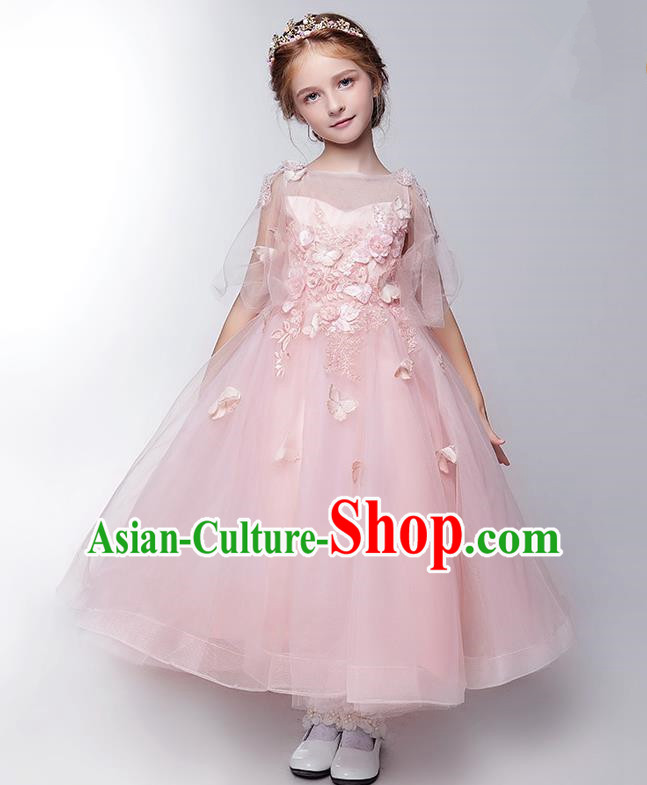 Children Modern Dance Flower Fairy Costume Pink Long Bubble Dress, Performance Model Show Clothing Princess Veil Full Dress for Girls