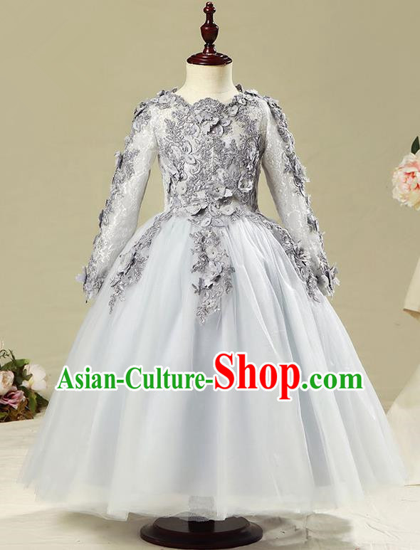 Children Modern Dance Flower Fairy Costume Grey Bubble Dress, Performance Model Show Clothing Princess Veil Long Full Dress for Girls