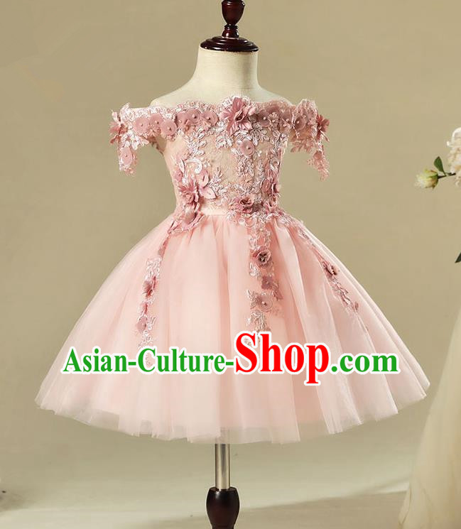 Children Modern Dance Costume Pink Off Shoulder Dress, Ceremonial Occasions Model Show Princess Veil Full Dress for Girls