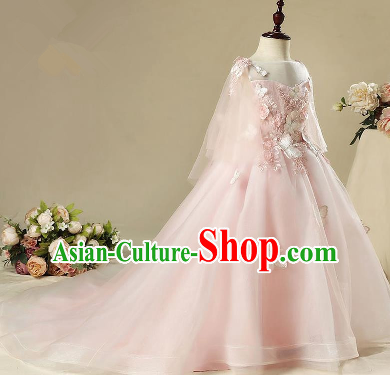 Children Modern Dance Costume Pink Trailing Dress, Ceremonial Occasions Model Show Princess Veil Full Dress for Girls