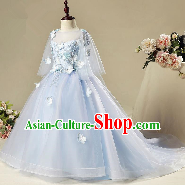 Children Modern Dance Costume Blue Trailing Dress, Ceremonial Occasions Model Show Princess Veil Full Dress for Girls