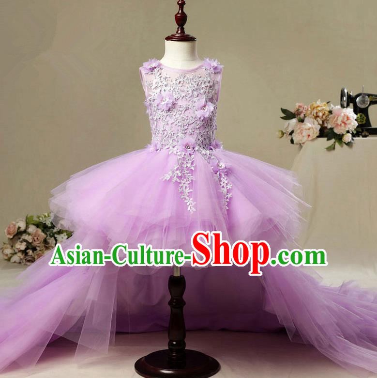 Children Modern Dance Costume Trailing Purple Short Dress, Ceremonial Occasions Model Show Princess Veil Full Dress for Girls