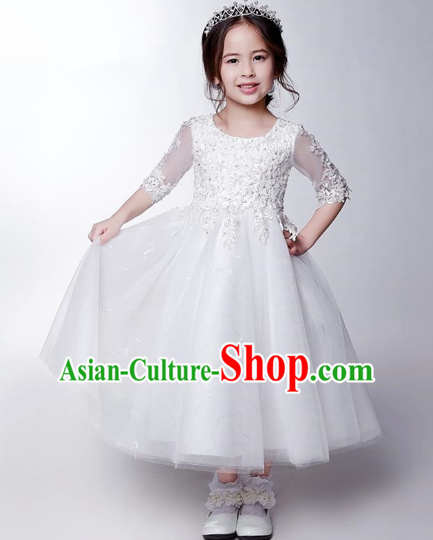 Children Modern Dance Costume White Beading Embroidery Dress, Ceremonial Occasions Model Show Princess Veil Long Full Dress for Girls