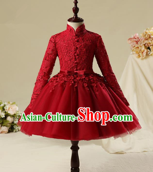 Children Modern Dance Costume Red Embroidery Bubble Dress, Ceremonial Occasions Model Show Princess Veil Full Dress for Girls