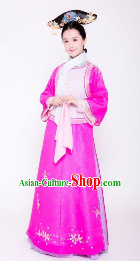 Traditional Chinese Ancient Palace Lady Costume and Handmade Headpiece Complete Set, Asian China Qing Dynasty Manchu Princess Embroidered Clothing