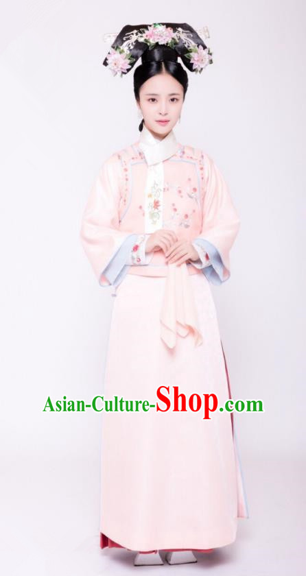 Traditional Chinese Ancient Palace Lady Costume, Qing Dynasty Manchu Princess Embroidered Clothing and Handmade Headpiece Complete Set
