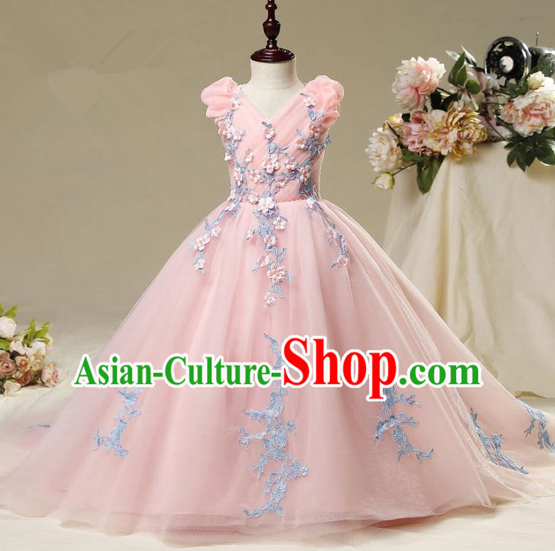 Children Modern Dance Costume Embroidery Pink Trailing Dress, Ceremonial Occasions Model Show Princess Veil Full Dress for Girls