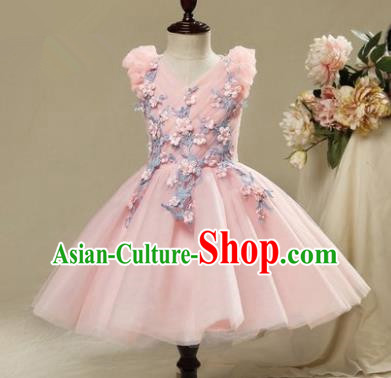 Children Modern Dance Costume Embroidery Pink Short Bubble Dress, Ceremonial Occasions Model Show Princess Veil Full Dress for Girls