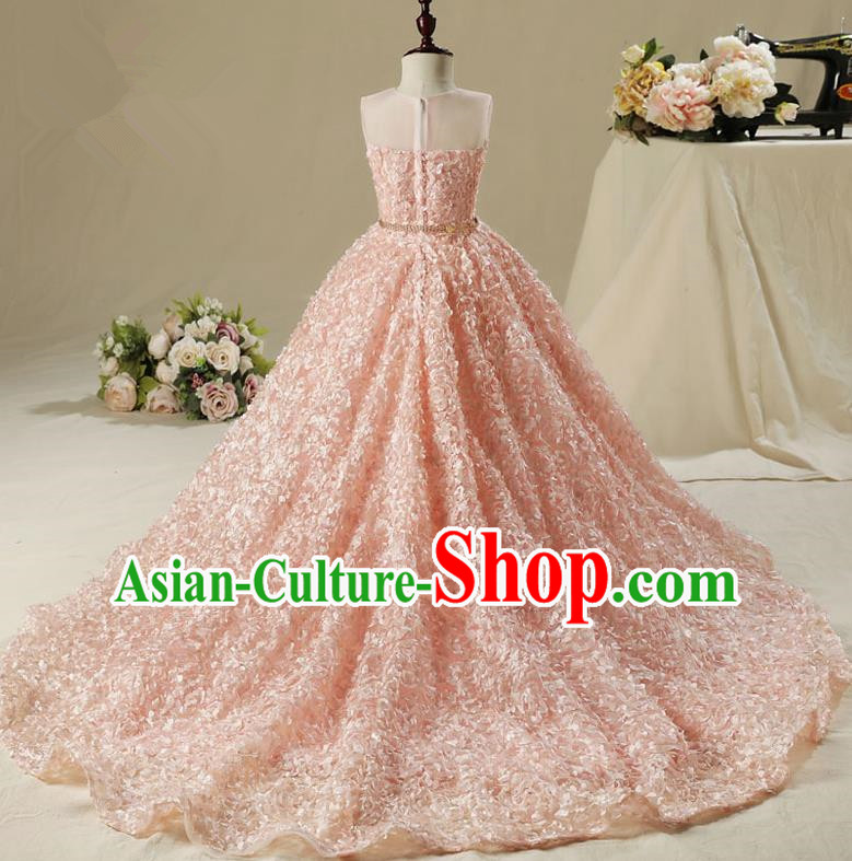 Children Model Show Dance Costume Pink Petals Trailing Dress, Ceremonial Occasions Catwalks Princess Pink Full Dress for Girls