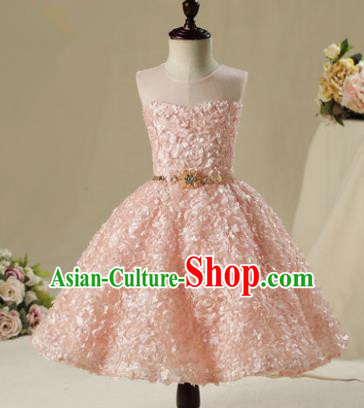 Children Model Show Dance Costume Pink Petals Bubble Dress, Ceremonial Occasions Catwalks Princess Short Full Dress for Girls