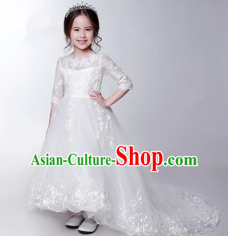 Children Model Show Dance Costume White Veil Trailing Dress, Ceremonial Occasions Catwalks Princess Full Dress for Girls