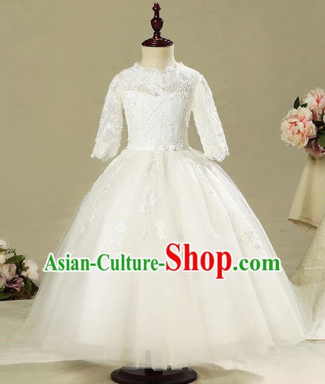 Children Model Show Dance Costume White Veil Dress, Ceremonial Occasions Catwalks Princess Full Dress for Girls