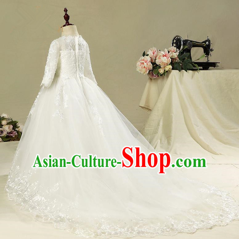 Children Model Show Dance Costume White Trailing Dress, Ceremonial Occasions Catwalks Princess Full Dress for Girls