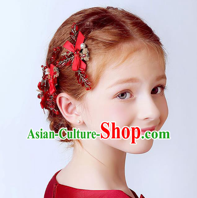 Handmade Children Hair Accessories Red Bowknot Hair Stick, Princess Halloween Model Show Headwear Hair Clasp for Kids